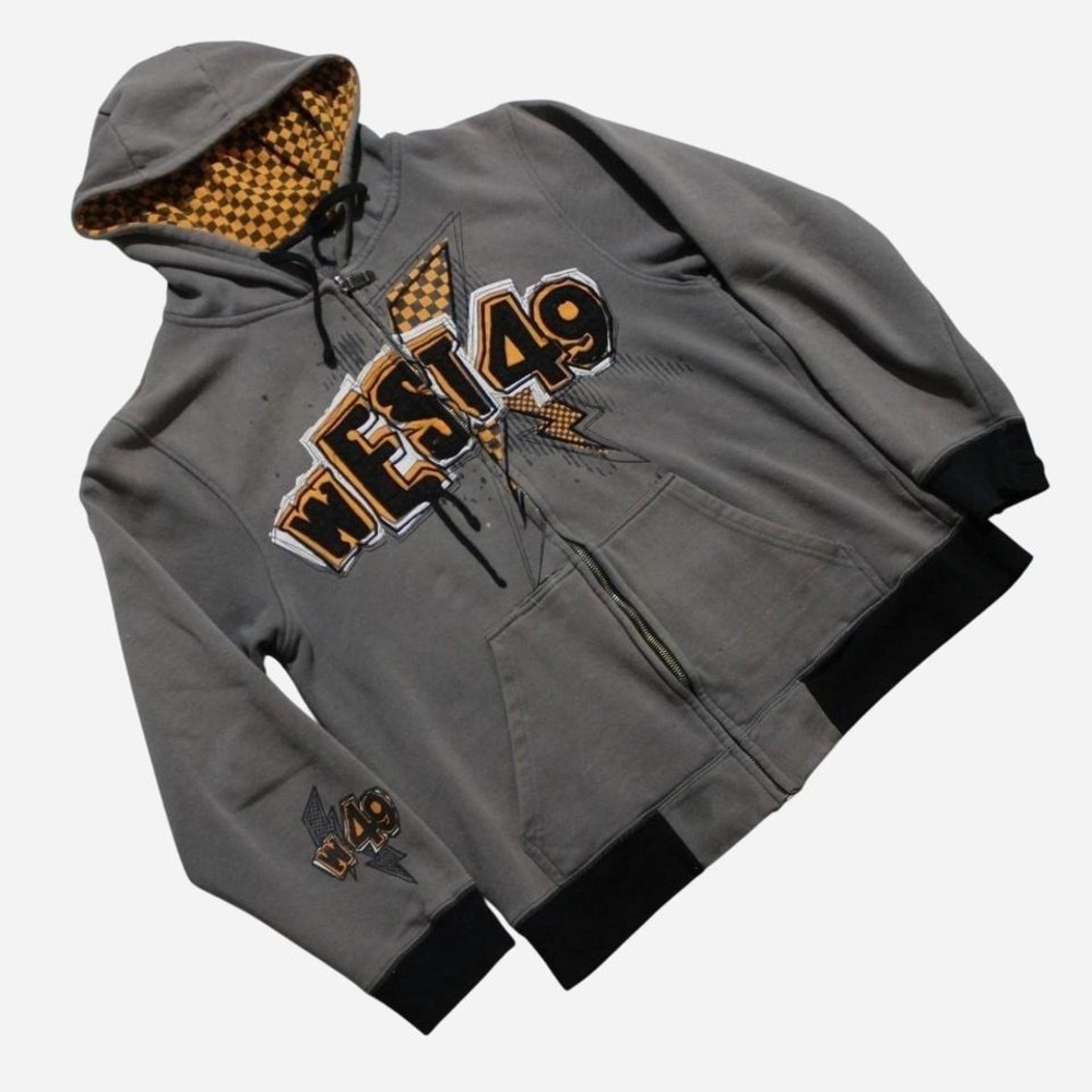 Mens Y2K West49 DC Style Distressed Faded Skater Checkerboard Zip-up Hoodie - Picture 1 of 8